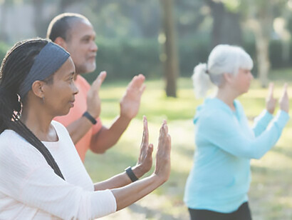 Embrace health and community bonds as a diverse group of seniors partakes in a Tai Chi lesson—an enriching exercise for holistic well-being in aging individuals