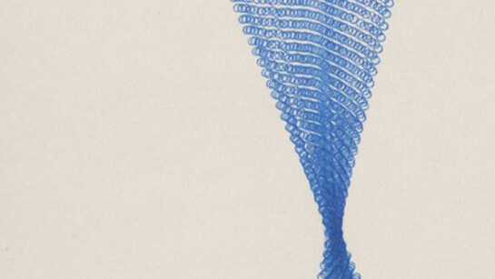 Jeremy Adler, Blue Whirl, 1974.Typewriting on paper, mounted on cardstock, 7 x 5 inches. Collection of Pérez Art Museum Miami, acquired from the Sackner Archive of Concrete and Visual Poetry, with support from the John S. and James L. Knight Foundation. Photo: Sid Hoeltzell