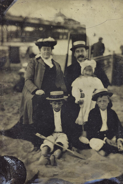 Family group on the beach at Margate: mother, father and three children, c.1875, tintype © Howarth-Loomes Collection at National Museums Scotland