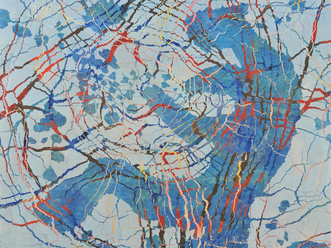Qiu Deshu, Fissuring,1987, Acrylic on Xuan paper and canvas, 149.5 x 179 cm 