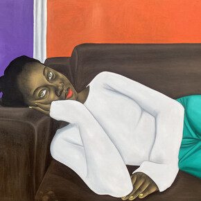 Israel Agboola, The Waiting Room II, 2023. Charcoal, oil, and acrylic on canvas, 47 x 58 inches. Courtesy of the artist and Allouche Gallery