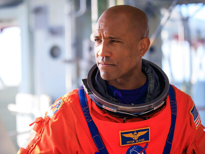 Artemis II NASA astronaut Victor Glover stands on the mobile launcher at Launch Pad 39B at Kennedy Space Center in Florida on Wednesday, September 20, 2023, as part of an integrated ground systems test