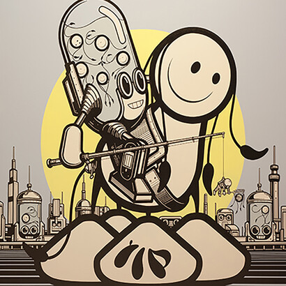 The London Police, Barrycetemol rides again, acrylic and ink on linen, 2017