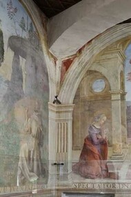 Parete d’angolo del chiostro, Annunciazione e Stimmate di San Francesco del perugino Eusebio da San Giorgio, 1507, foto Federica Antenozio