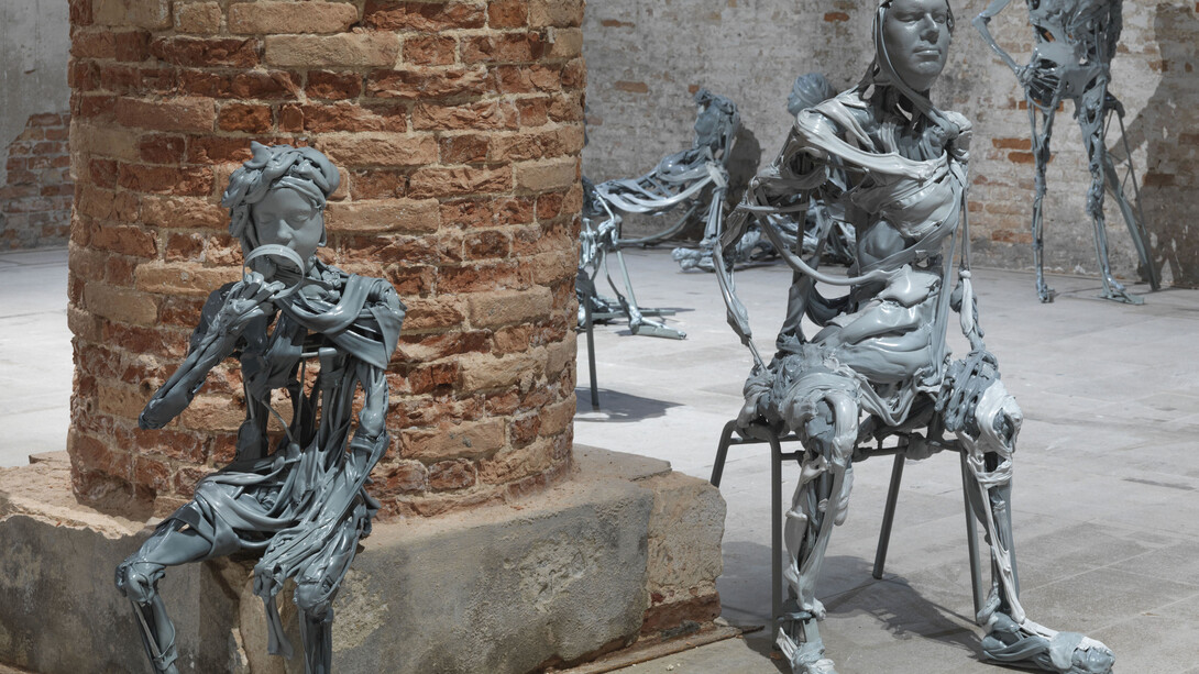 Paweł Althamer, Venetians, 2013, plastic and plaster on metal construction, installation of 90 parts, dimensions variable. Installation view: “The Encyclopedic Palace,” 55th International Art Exhibition, Venice Biennale, 2013. Photo by Jens Ziehe, courtesy neugerriemschneider, Berlin, and Foksal Gallery Foundation, Warsaw