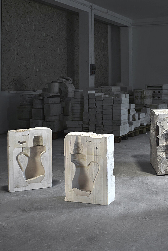 Francesco Ardini, Manufatto fossile (installation view), 2015, ancient plaster moulds, chalk, from left: 65 x 45 x 17 cm each; 75 x 75 x 75 cm; 63 x 63 x 28 cm, photo by Slow Photo Studio, courtesy Federica Schiavo Gallery, Roma
