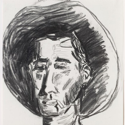 Shane Tolbert, Tired Cowboy (detail), 2022. Charcoal on paper, paper: 24 3/8 x 18 inches, frame: 26 3/4 x 23 x 1 1/2 inches. Courtesy of McClain Gallery