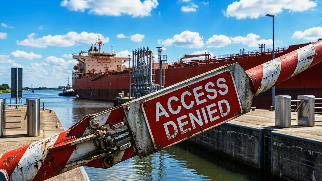 Restricted harbour access near a tanker ship, reflecting the increasing fragmentation of global trade systems
