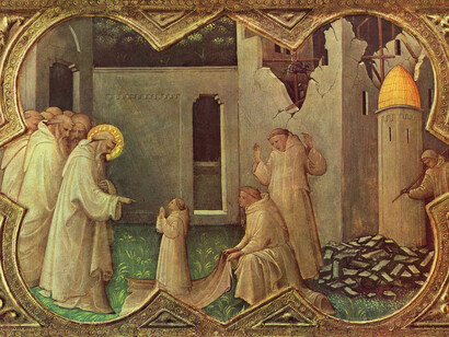Lorenzo Monaco, L'Incoronazione della Vergine, predella, scena con la costruzione abbazia di Montecassino