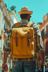 A solo adventurer walking through a colourful urban escape with simple travel gear, representing the freedom that comes with intentional spending