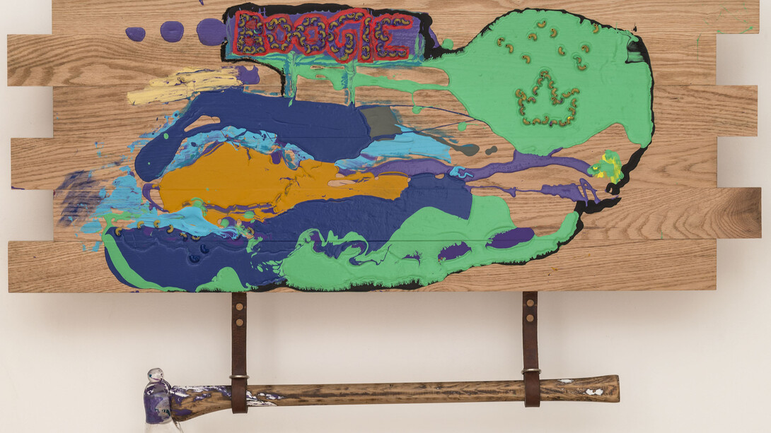 Kevin Mack, The Passion of Cousins, 2014, Red oak, latex paint, acrylic, spray paint, macaroni, oil pastel, leather, brass, glass, 33.5” x 51” x 7.5”