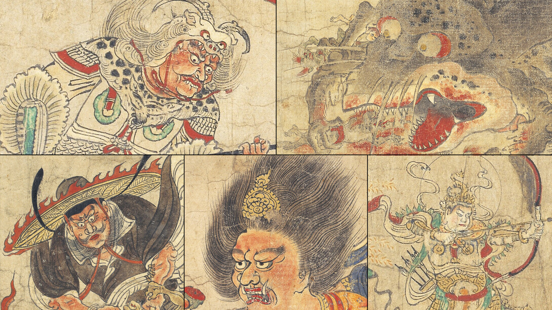 Collage que muestra detalles de las cinco pinturas diferentes del conjunto "Exterminio del Mal".
Exterminio del Mal: Tenkousei, Sendan Kendatsuba, Shinchū, Shōki y Vaisravana. Desde la antigüedad, la gente ha adorado a dioses que castigan y expulsan a los demonios que provocan desgracias y pestilencias. El conjunto de cinco pergaminos ha sido designado Tesoro Nacional de Japón en la categoría de pinturas, Japon