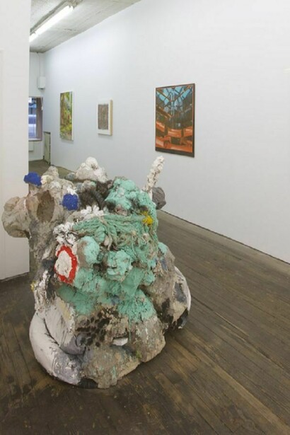 Installation view: Inaugural Group Exhibition at 34 Orchard Street, September 8 - October 20, 2013. L to R: Vera Iliatova, Natasha Bowdoin, Joe Pflieger, Mark Schubert (sculpture)