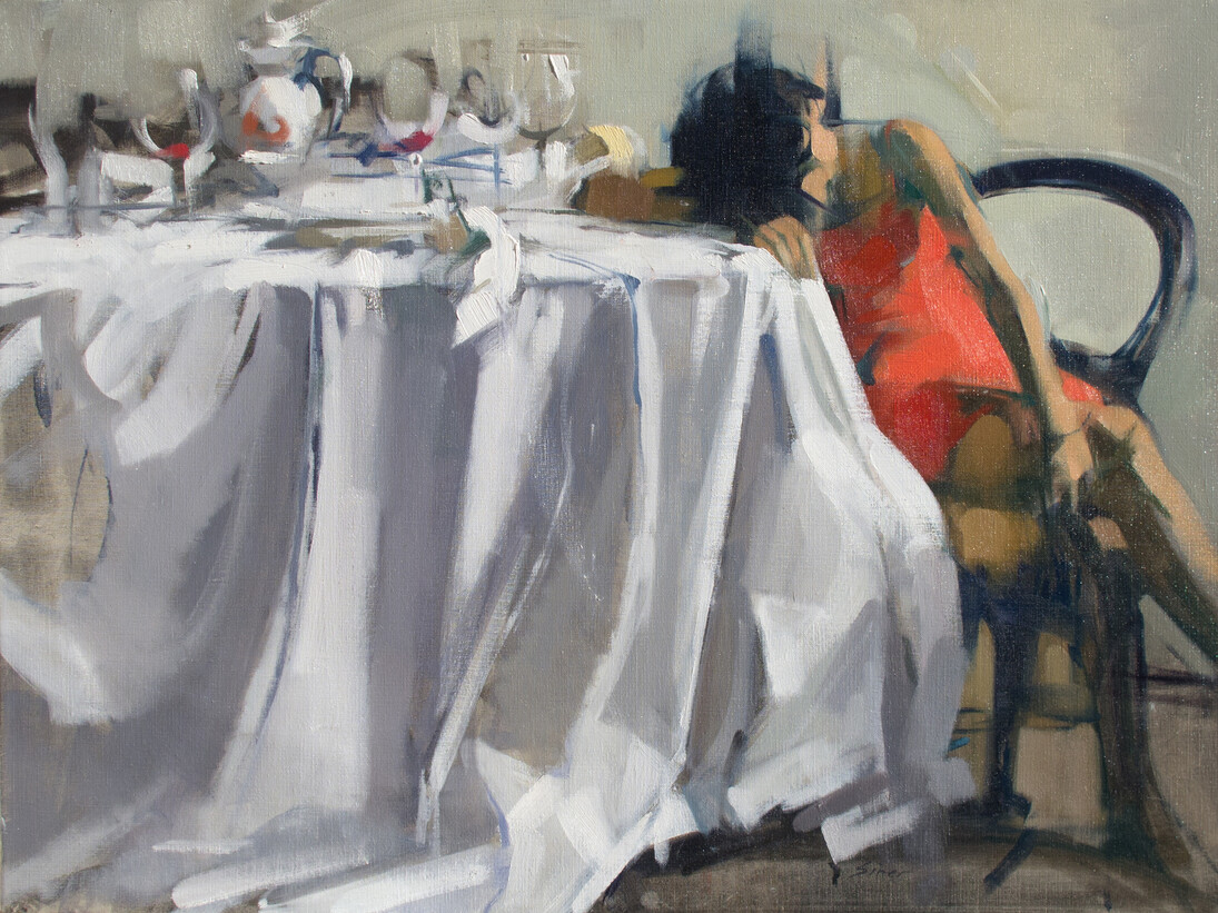 E. Red Dress, 22" x 30", Oil on Linen. Maggie Siner, 2016. Courtesy of J. Cacciola Gallery W