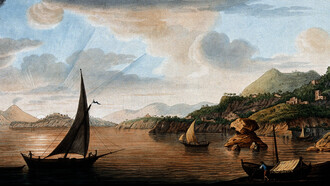 Lacco (Lacco Ameno), isola di Ischia (Italia), composta da tufo vulcanico, con altre isole sollevate da eruzioni vulcaniche, vista al tramonto, di Pietro Fabris (1776)