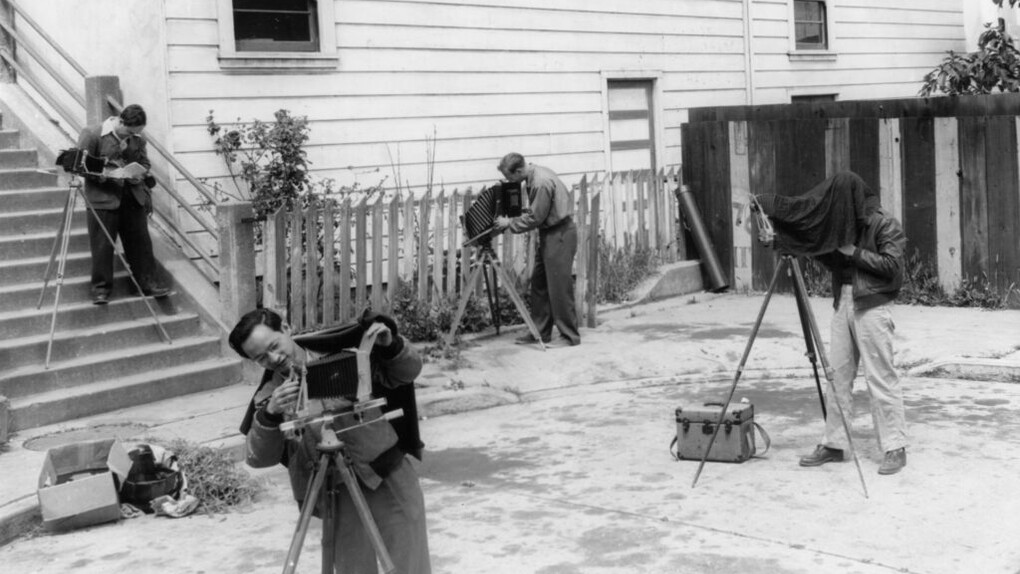 California School of Fine Arts (later San Francisco Art Institute) Photography Department view camera class (pictured left to right: Richard Rundle, Benjamen Chinn, George Wallace, and John Bertolino), spring 1948. Courtesy of San Francisco Museum of Modern Art
