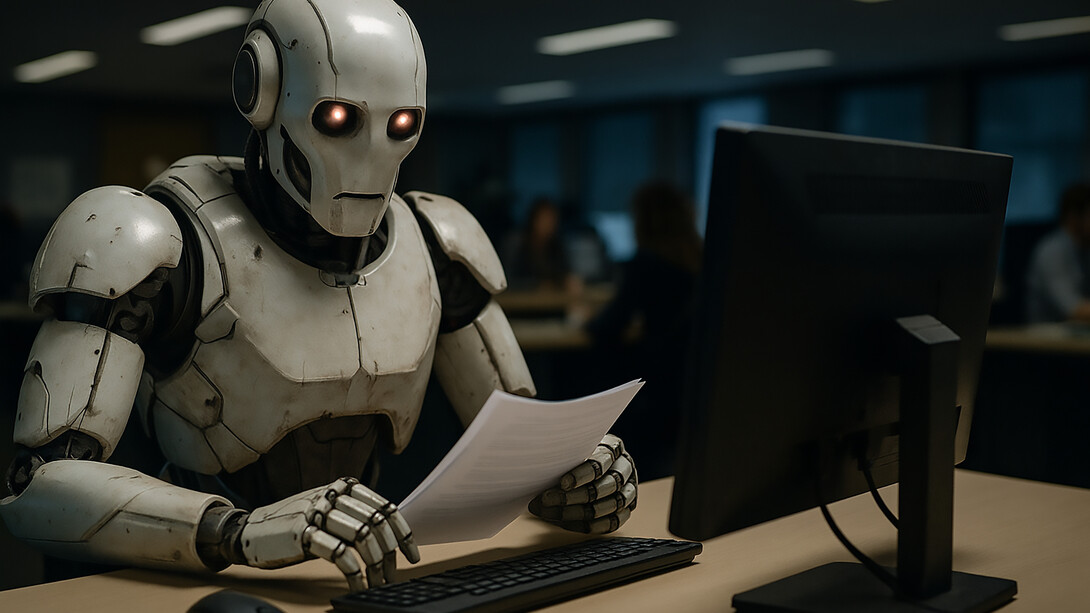 A humanoid robot quietly types at a desk, symbolizing the silent rise of artificial intelligence in creative industries—where efficiency often replaces emotion