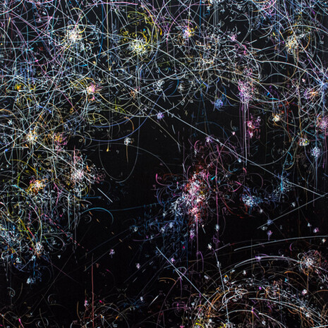 Kysa Johnson, blow up 258 - The long goodbye - subatomic decay patterns with star remnants and dying stars in the milky way. Panel 2 of 3, 2015, High Gloss Paint and Ink on Board, 60 x 144 in.