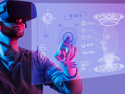 A person immersed in the Metaverse, engaging with virtual reality glasses that transport them to a vibrant digital world