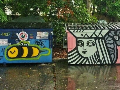 Aesthetically painted dumpsters at public places
