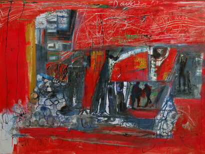Renzo Ferrari,
Rosso, odissea nello spazio,
2012,
Olio e stampa digitale su tela,
146,5 x 204 cm,
Collezione privata