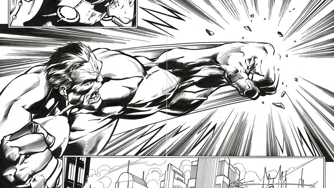 Una spettacolare doppia tavola in cui Hulk scaglia Iron Man a chilometri di distanza con uno dei suoi pugni. Il disegno è di Mark Bagley. Per gentile concessione di Anna Defrancesco comunicazione