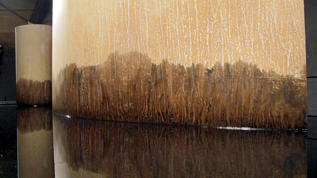 Wang Huangsheng, Seeping, 2012, Installation, Rice paper, iron plate, water, ink, time,300 x 160 x 120 cm; 118 1/10 x 63 x 47 1/4 in.