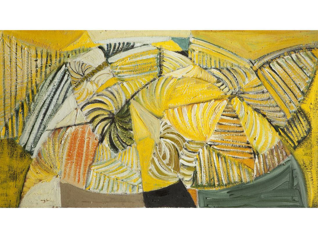 Terry Frost 1915-2003, Yellow, 1955, Oil paint on board, 42 x 77 cm, Peter Scott Gallery, Lancaster University © The estate of Sir Terry Frost. All Rights Reserved, DACS 2015
