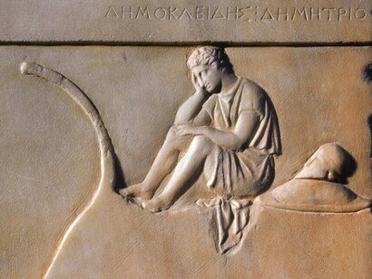Funerary stele of Demokleides, hoplite killed in the naval battle of Corinth in 394 BC, from Piraeus, Greece. Detail. Greek Civilization, 4th Century BC.