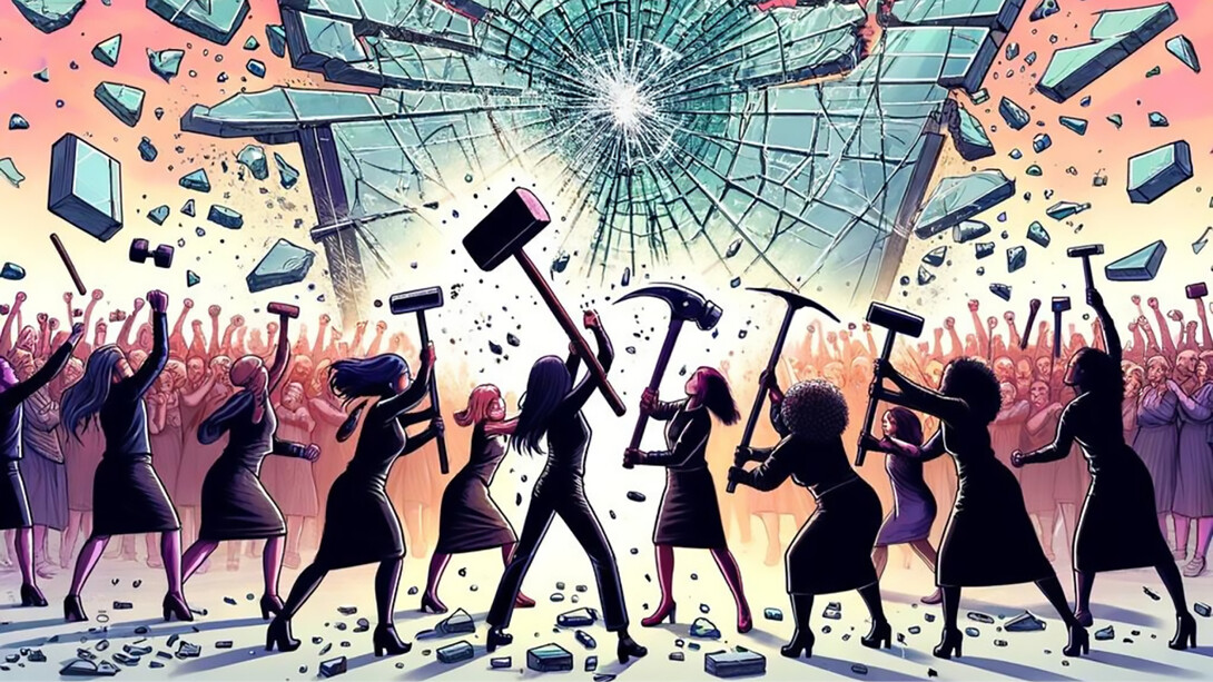 Women shattering the glass ceiling of patriarchy in an AI-generated image, symbolizing the fight against gender inequality