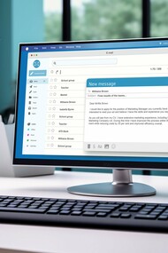 A desktop monitor displaying an email ready to be sent, representing the importance of securing outbound business communications