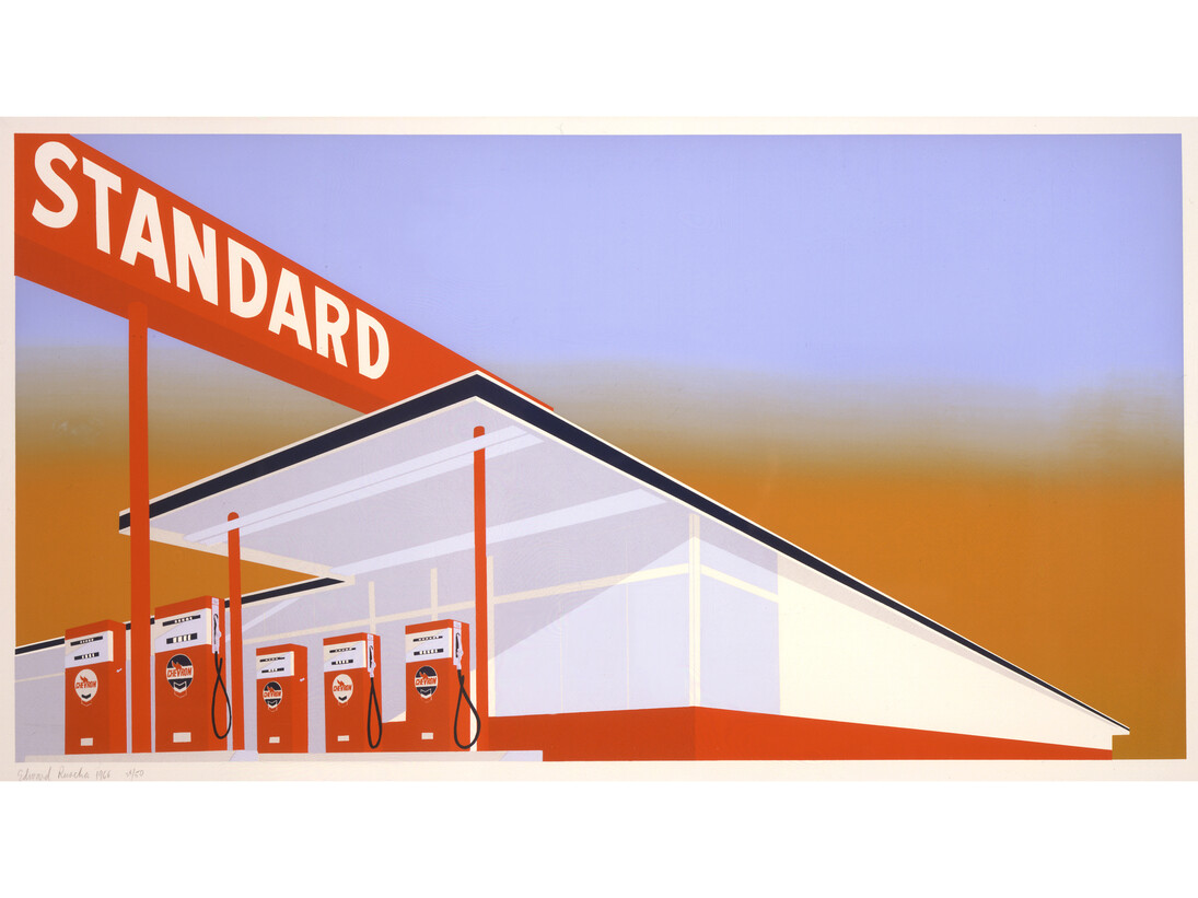 Ed Ruscha, Standard Station, Mocha Standard, Cheese Mold Standard with Olive, and Double Standard, 1969, Four screenprints on wove paper, 25 3/4 x 50 inches, 65.4 x 127 cm. © Ed Ruscha. Courtesy Gagosian Gallery. Photography by Robert McKeever