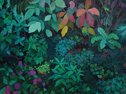 Nola Parker, Fall Garden, 2022, acrylic on panel, 36x48 inches. Courtesy of the artist and Wally Workman Gallery