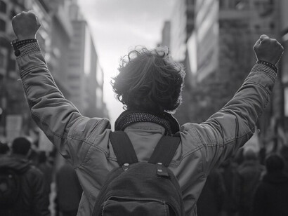Un individuo alza el puño en medio de la multitud, representando la tensión entre la expresión individual y los límites necesarios para la convivencia social