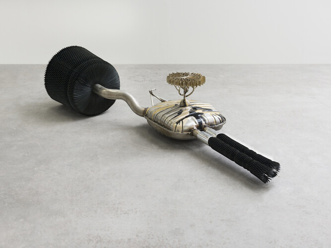 Keita Miyazaki, Black Tree, 2014, Aluminum bronze, paper, exhaust pipe, speaker system, enamel paint, 38 x 195 x 94 cm
