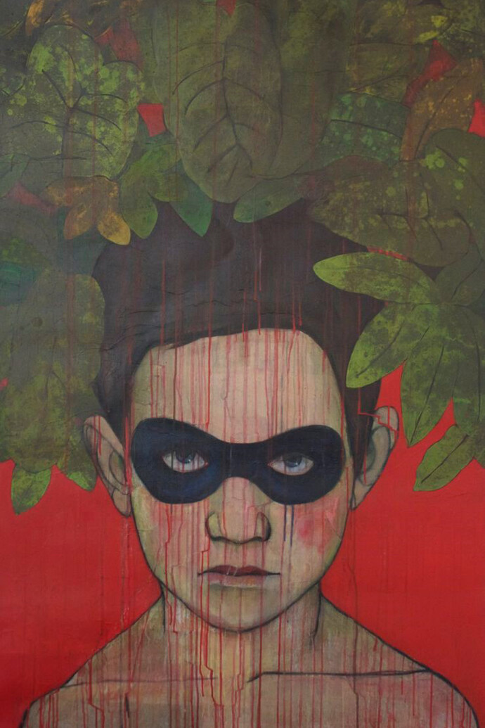 Inés Tolentino, "No me ves pero yo te veo I", 2014, acrílico sobre canvas y papel, 78" x 46"