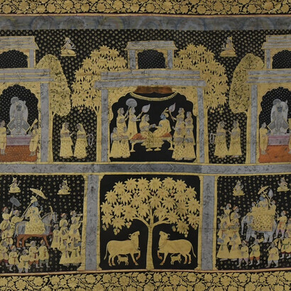 Arte Pichwai, arazzo. I dipinti Pichwai sono comunemente considerati una forma d’arte devozionale per rappresentare la vita e gli insegnamenti del Signore Krishna