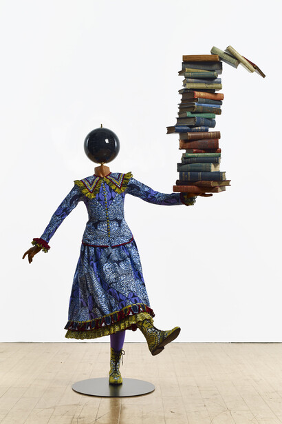 Yinka Shonibare MBE b. 1962, Girl Balancing Knowledge (2015)
Fibreglass mannequin, Dutch wax printed cotton textile, books, globe and steel baseplate
179 x 139 x 89 cm (70 1/2 x 54 3/4 x 35 in.)
Photographer: Stephen White
Image courtesy the artist, Stephen Friedman Gallery,
London and Pearl Lam Galleries, Hong Kong, Shanghai
and Singapore