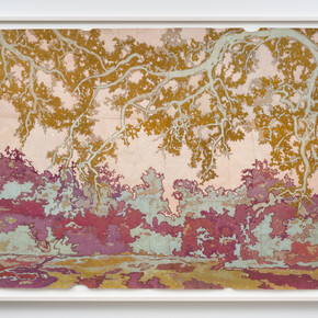 Maysey Craddock, Cloud Azalea , 2023. Gouache, flashe and thread on found paper, 48 x 62 in. (52 x 66 in. framed). Photography Credit: Phil Maisel. Courtesy of Sarah Sheperd Gallery