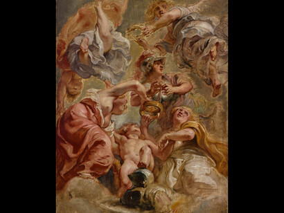 England, Scotland, Minerva, Cupid and Two, Victories, Rubens, Oil on panel, 64 x 49 cm, c. 1632. Róterdam, Museum Boijmans Van Beuningen