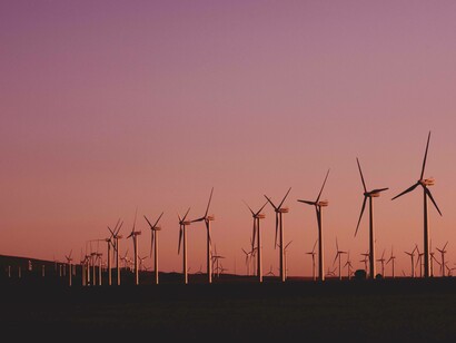 Windmills visible in the distance