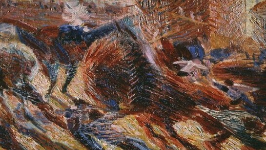 Umberto Boccioni, Studio per La città che sale, 1910, Olio su cartoncino, 33 x 47 cm, Collezione Gianni Mattioli, Deposito a lungo termine presso la Collezione Peggy Guggenheim, Venezia