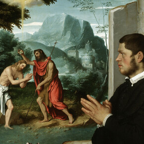 Giovanni Battista Moroni, A Gentleman in Adoration before the Baptism of Christ (detail), c.1555-60. Oil on canvas, 112.8 x 104 cm, Gerolamo and Roberta Etro. Photo Gerolamo and Roberta Etro
