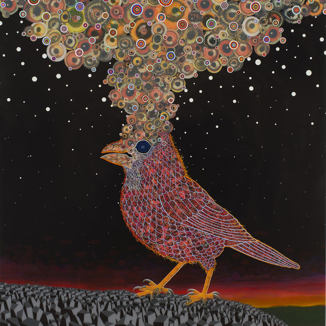 Fred Tomaselli, After Nov. 19, 2013, 2014 Photo-collage, acrylic, and resin on wood panel 60 x 60 in. (152.4 x 152.4 cm)