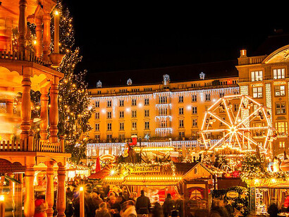 The enchanting decorations and lights of the Striezelmarkt in Dresden, Germany