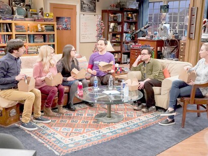 Image from "The Big Bang Theory" tv series; from left the characters: Howard, Bernadette, Amy Farrah, Sheldon, Leonard and Penny