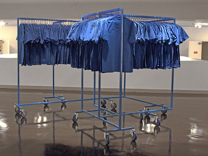Mike Calway-Fagen, What’ll we do about names, 2014, T-shirts, hangers, steel, wheels, hardware