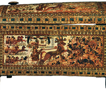 Anonymous, Painted chest, Dynasty XVIII, 1333-1323 BCE, Stuccoed and painted wood, 61 x 43 cm, Treasure belonging to Tutankhamun, Egyptian Museum, Cairo, Egyptian Antiquity
