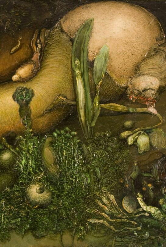 Gregory Gillespie, Night Garden, 1972-73, mixed media laid down on wood panel, 7 1/2 x 6 3/4 inches