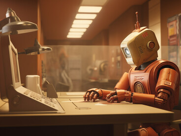 An anthropomorphic robot typing at a desk, illustrating how robots may take on regular human jobs in the future